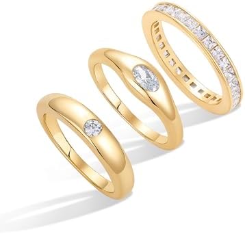 PAVOI 14K Gold Plated Stackable Rings for Women - Dainty Stackable Gold Ring Set of Three with Cubic Zirconia Multi-Bands - Trendy Fashion Jewelry