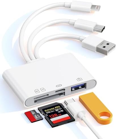 4-in-1 OTG Adapter, Flash Drive & SD/TF Card Reader for iPhone - Triple USB-C/Lightning/USB Memory Card Reader with SD/TF Slots & USB-C Charge+Data Port to Transfer Photos from Digital Camera to Phone