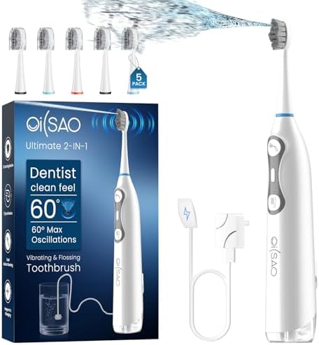 Electric Toothbrush with Water Flosser for Adults, 3-in-1 Sonic Brush & Floss Combo, Cordless Oral Irrigator with 5 Brush Heads, 3 Modes, 30-Day Battery, Travel Toothbrush for Braces, Sensitive Gums