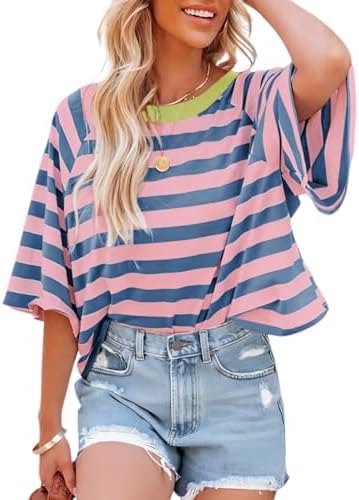 Dokotoo Tops for Women Striped 2026 Fashion T Shirts for Women Color Block Crewneck Design Loose Basic Tee
