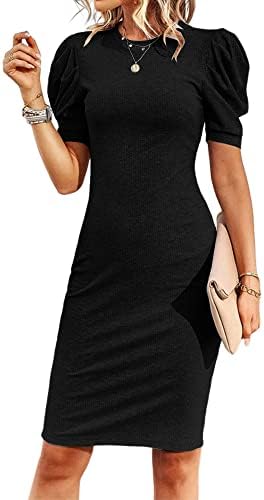 Cicy Bell Women's Puff Sleeve Bodycon Work Dresses Crew Neck Business Casual Office Pencil Dress