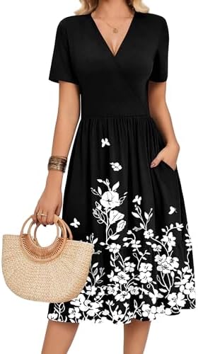 Zeagoo Womens Summer Casual Dresses Short Sleeve Midi Warp V-Neck Floral Dress with Pockets Tiered Flowy A Line Sundress