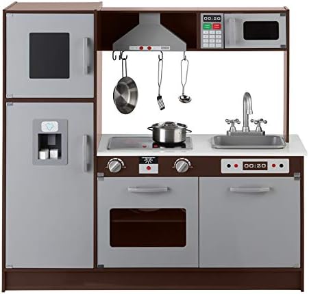 Amazon Basics Kids Upright Wooden Kitchen Toy Playset with Stove, Oven, Sink, Fridge and Accessories, for Toddlers, Preschoolers, Children Age 3+ Years, Espresso/Gray, 39x11.8x39''