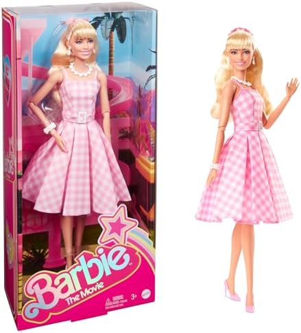 Barbie the Movie Doll, Margot Robbie as, Collectible Doll Wearing Pink and White Gingham Dress with Daisy Chain Necklace