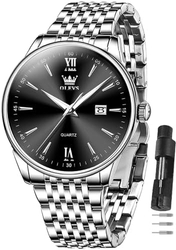 OLEVS Men's Watch,Classic Silver Watches for Men, Waterproof Stainless Steel Roman Numbers Men's Watch Easy to Read
