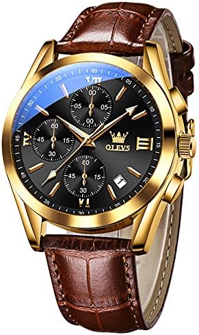 OLEVS Men's Chronograph Quartz Watches, Leather Strap Gold Case with Day Date, Waterproof Stainless Steel Wrist Watch, Luminous Hand Analog Watches for Men, Brown/Black/Blue/White Dial