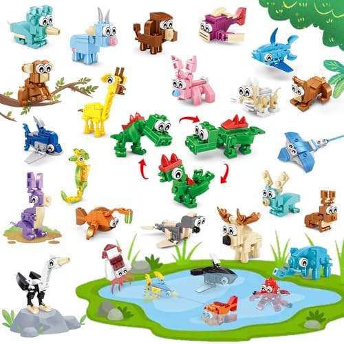 24 Packs Animals Building Sets for Kids,3 in 1, 72 Kinds of Transformable Building Block Toy,Compatible with Lego Party Favors,Classroom Student Prizes Birthday Gifts for Kid Age 6+