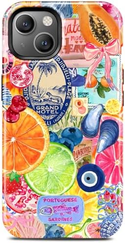 for iPhone 14 Case, Cute Fruit Lemon Seashell Summer Collage Phone Case, Compatible with Magsafe, Trendy Western Glossy Yellow Magnetic Slim Shockproof Protective Women Girl Men Cover