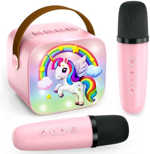 Mini Karaoke Machine for Kids - Toddler Toys Birthday Gift for 3 4 5 6 7 8 9 10 11 12 Years Old Girls, Portable Speaker Set with 2 Wireless Microphones fits Family Fun Home Party, Pink