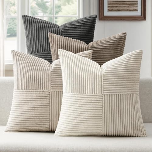 ANRODUO Pack of 4 Decorative Throw Pillows for Couch Neutral Gray 20x20 Inch Boho Cozy Soft Corduroy Cushion Covers Farmhouse Accent Pillowcases for Mid Century Summer Home Decor Sofa Bed Living Room