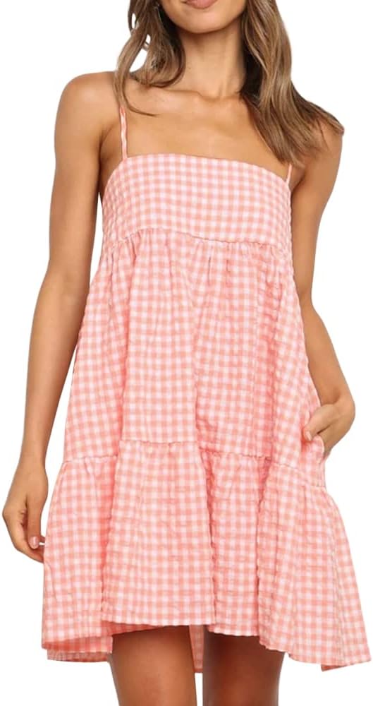 LPCBDEE Womens Plaid A-line Dresses Shoulder Straps Ruffle Hem Casual Mini Dress with Side Pocket