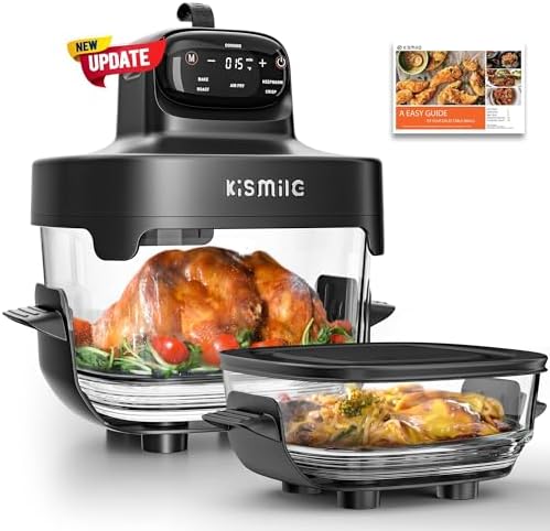 Kismile Glass Air Fryer, Upgraded 5-in-1 Portable Air Fryer with Dual Glass Bowls, 4.7QT & 2.6QT Containers & Lids, Adjustable Temp & Time, Freezer & Dishwasher Safe, Bake, Air Fry, Keep Warm & Crisp