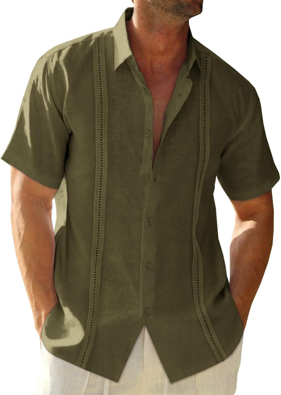 Runcati Mens Linen Cuban Guayabera Shirts Button Down Short Sleeve Shirt Cotton Hippie Summer Beach Vacation Shirts