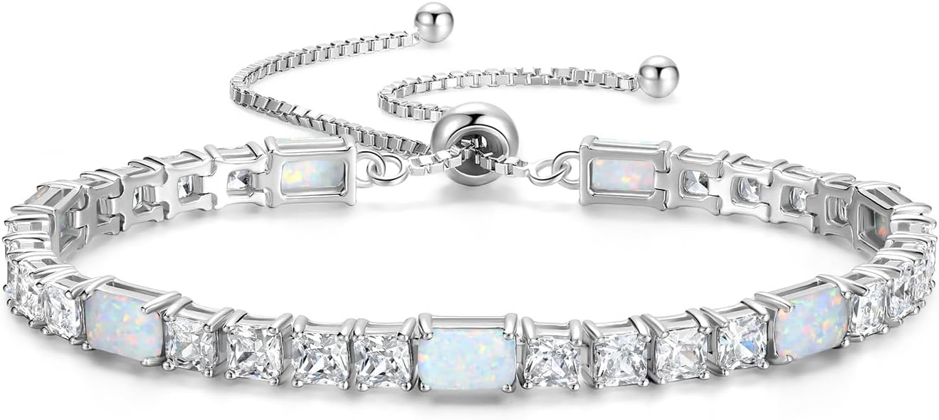 FANCIME Birthstone Bracelet for Women, Sterling Silver 4x6mm Gemstone Tennis Bracelet Bolo Adjustable Chain Fine Jewelry Birthday Gifts for Women Mom Wife Her