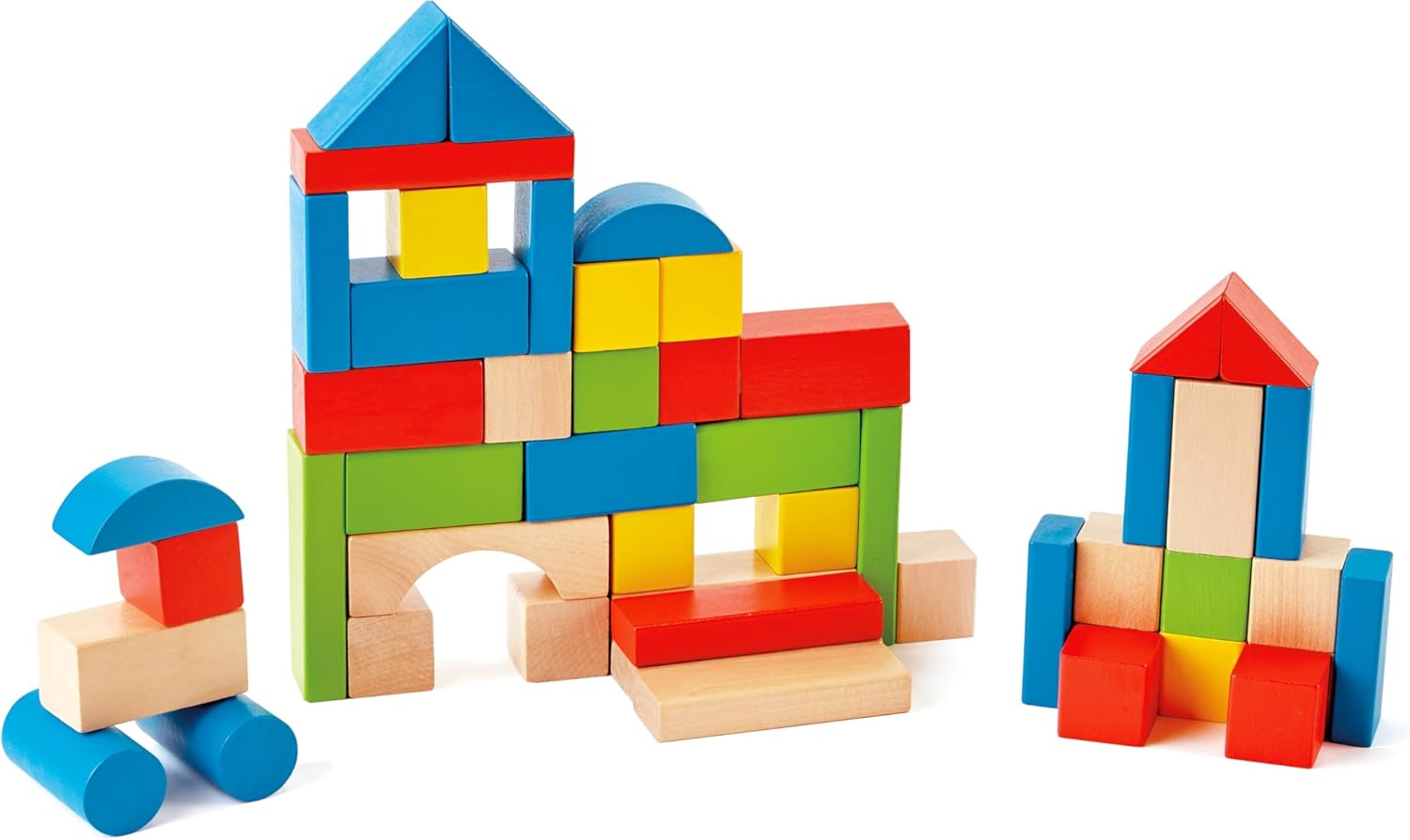 Hape Maple Wood Kids Building Blocks Stacking Wooden Block Educational Toy Set for Toddlers, 50 Brightly Colored Pieces in Assorted Shapes and Sizes