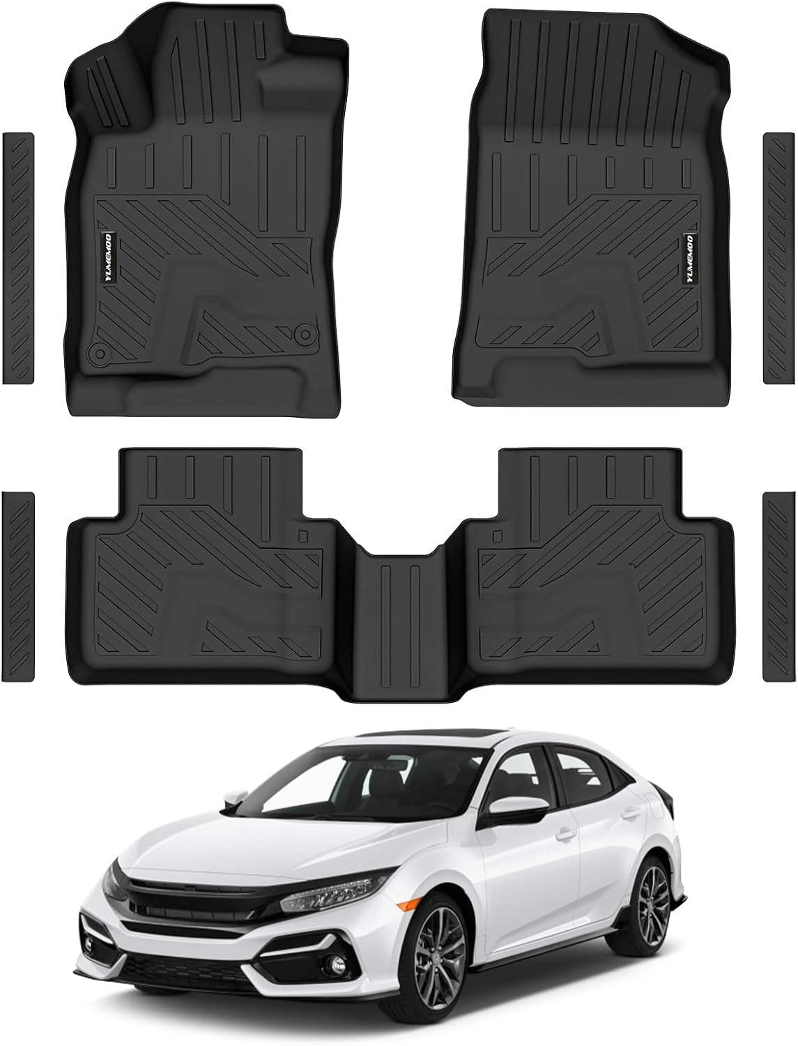 Floor Mats for 2016-2021 Honda Civic Sedan\/Coupe\/Type R\/Insight,2017-2021 Hatchback All Weather TPE Floor Liners Custom Fit for Civic 2021 1st &amp; 2nd Row &amp; Door Sill Guards Anti-Slip Full Se
