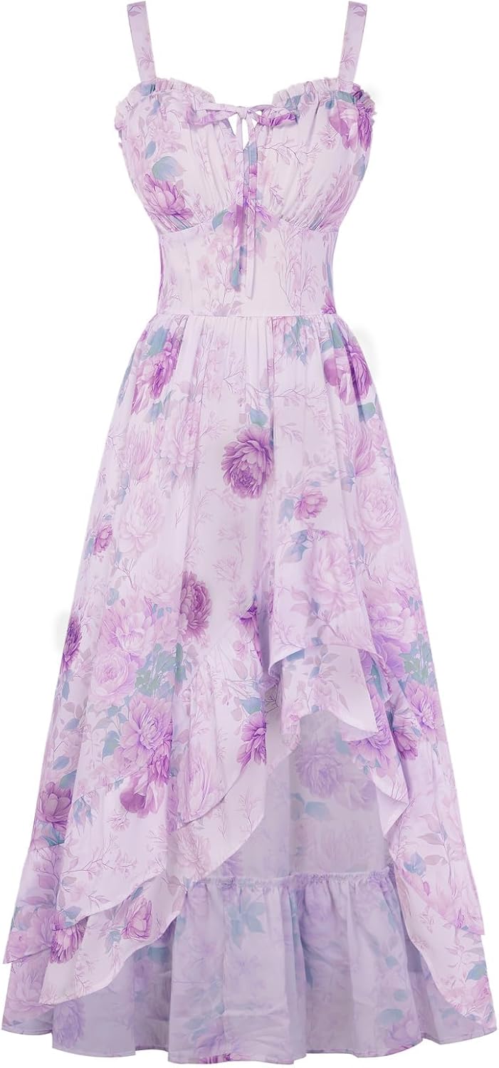 Scarlet Darkness Summer Dresses for Women 2026 Floral Corset Wedding Guest Dress Ruffle Maxi Dress with Pockets