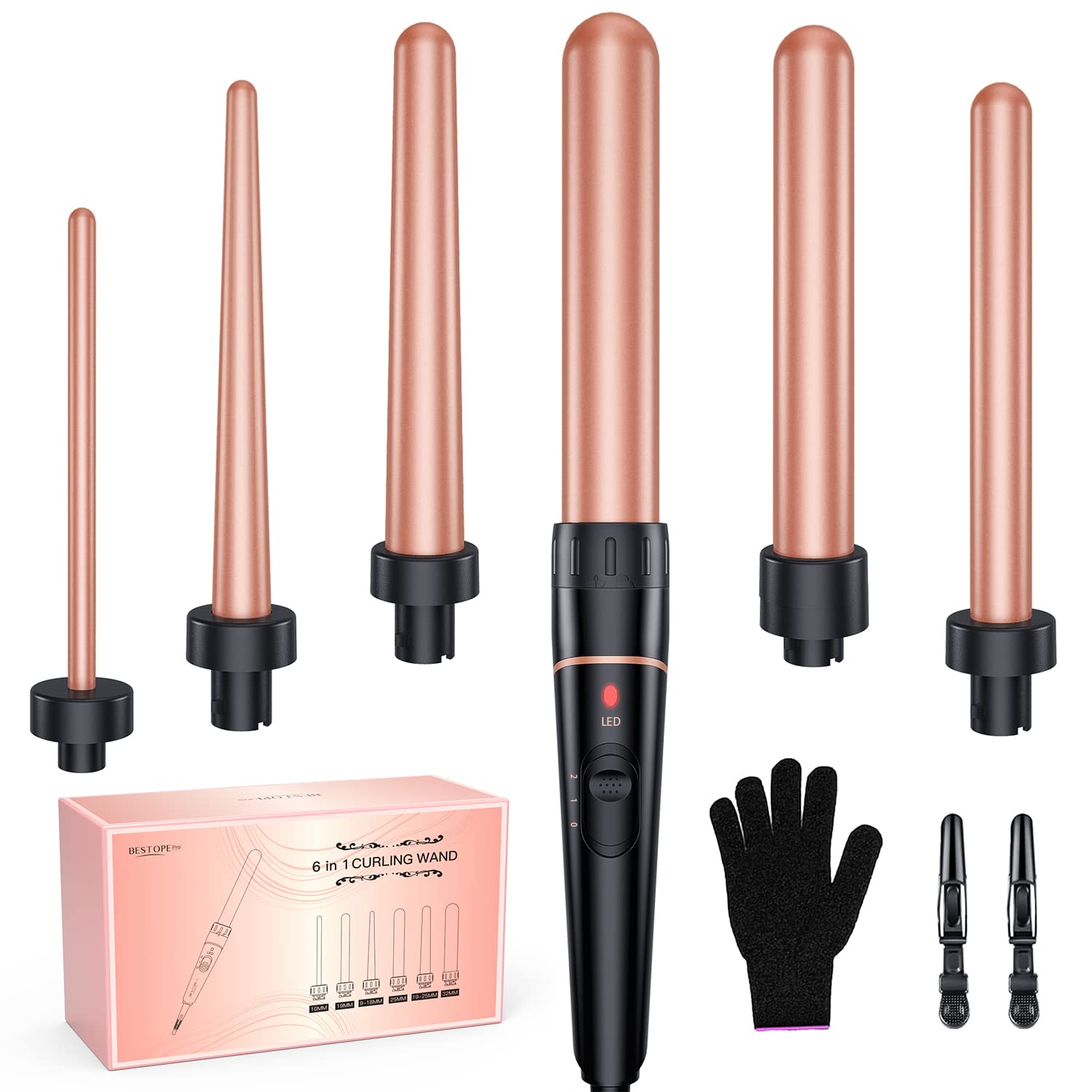 Long Barrel Curling Iron Wand Set, BESTOPE PRO 6 in 1 Curling Wand Set with Ceramic Barrel for Long\/Medium Hair, 0.35"-1.25" Interchangeable Hair Wand Curler, Dual Voltage, Include Glove &amp