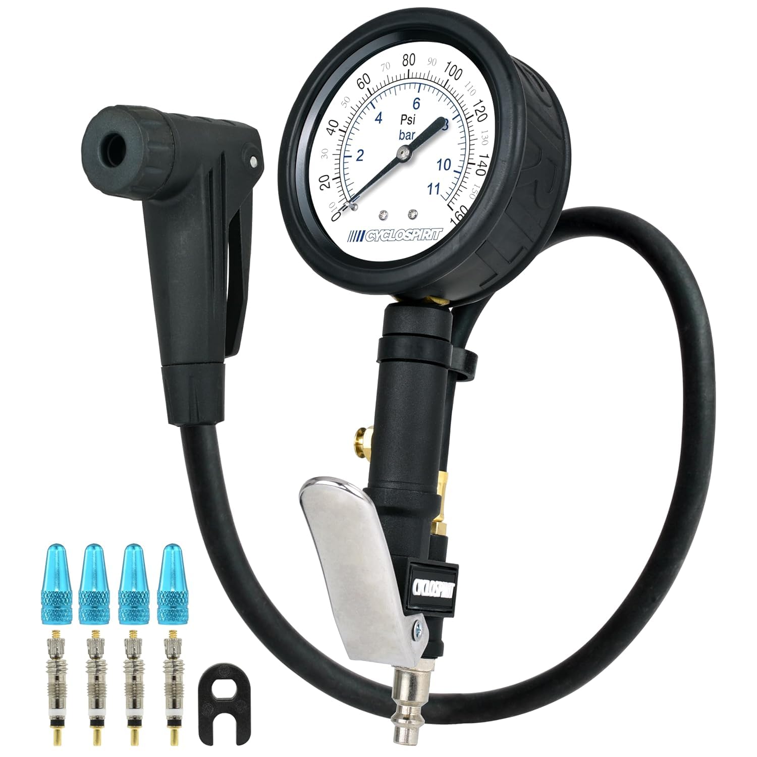 CycloSpirit Universal Bicycle Tire Inflator Gauge with Auto-Select Valve Type - Presta and Schrader Air Compressor Tool (Dial 3" Oversized)