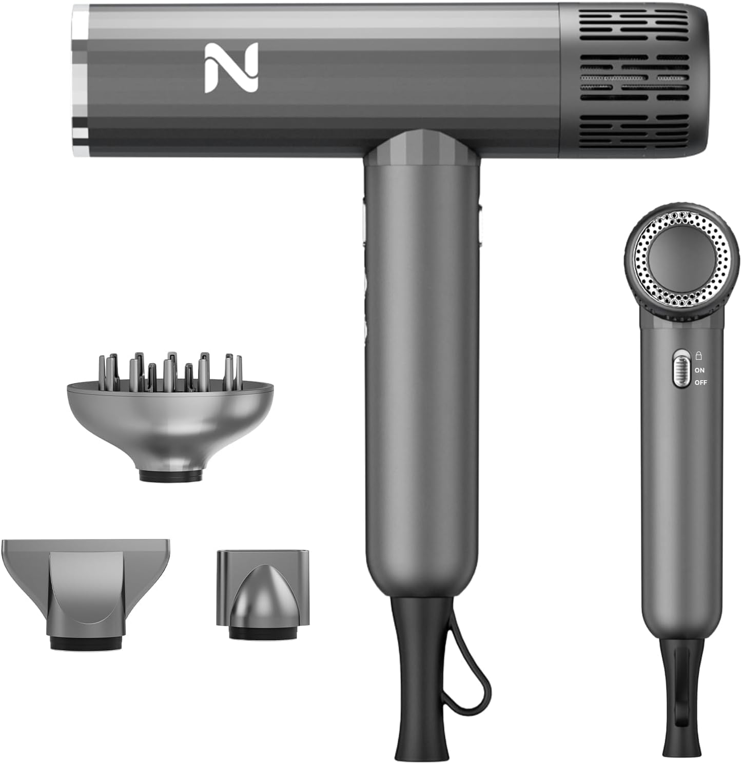 Natrial Ionic Professional Hair Dryer with Diffuser for Curly Hair,1600W&amp;110000RPM High Speed Blow Dryer for Women,Fast Drying,Lock Function,Low Noise,Lightweight for Home Travel Salon,Gray