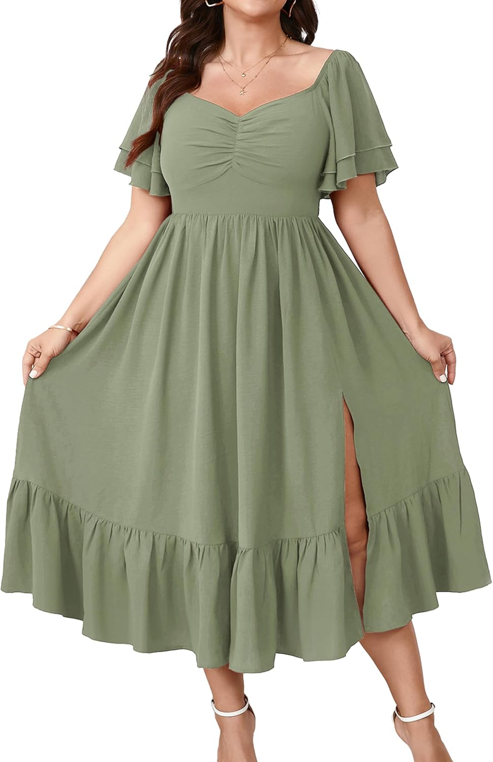 SCOMCHIC Womens Plus Size Wedding Guest Cocktail Dresses Sweetheart Neckline Short Sleeve Smocked Ruffle Slit Maxi Dress