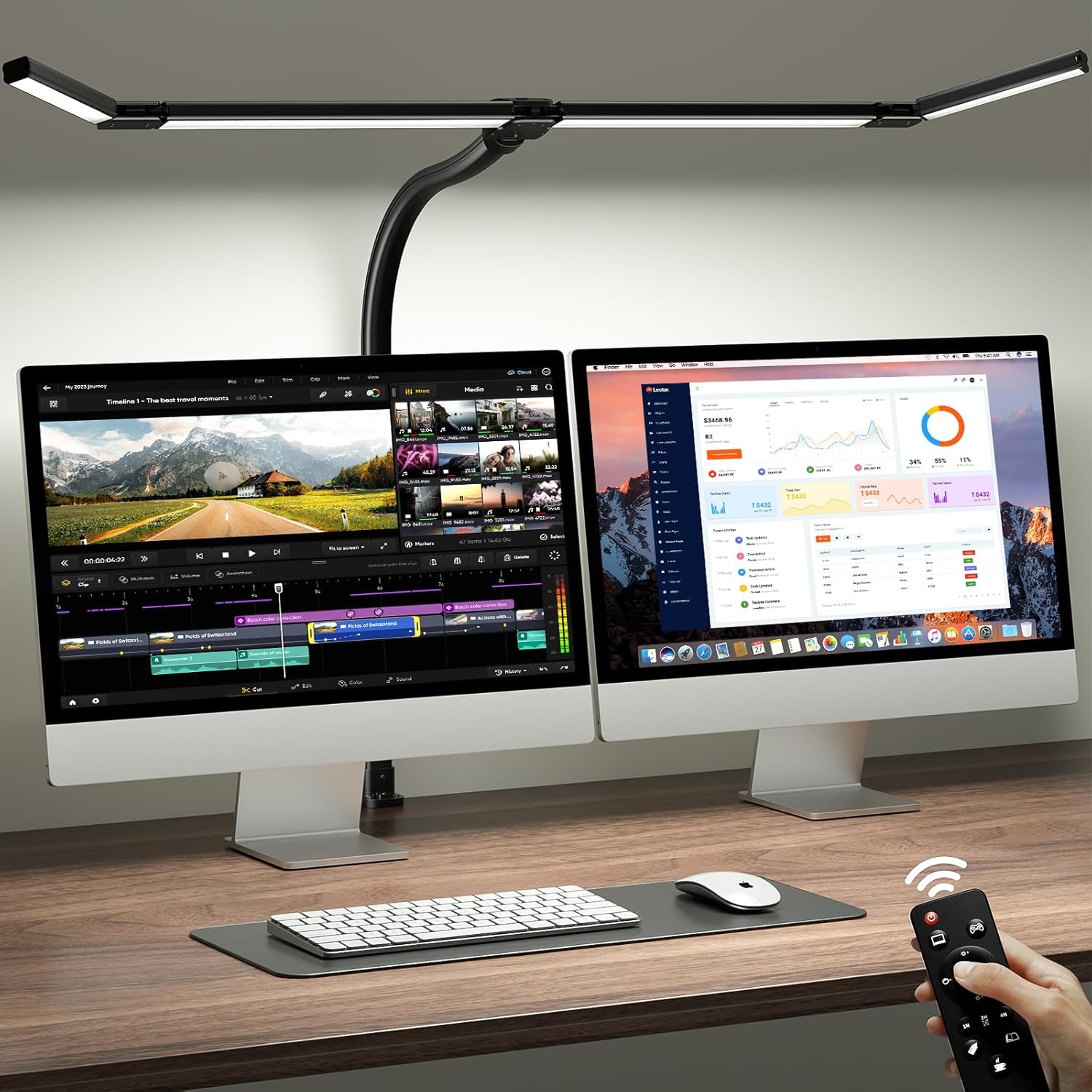 ONEMIX 42" LED Desk Lamp with Clamp, Architect Desk Light with Remote, Adjustable 4-Segment Bar, 1800LM Bright, Eye-Caring Desk Lamp for Home Office, Reading, Study, Dual Monitors, Workbench(Black