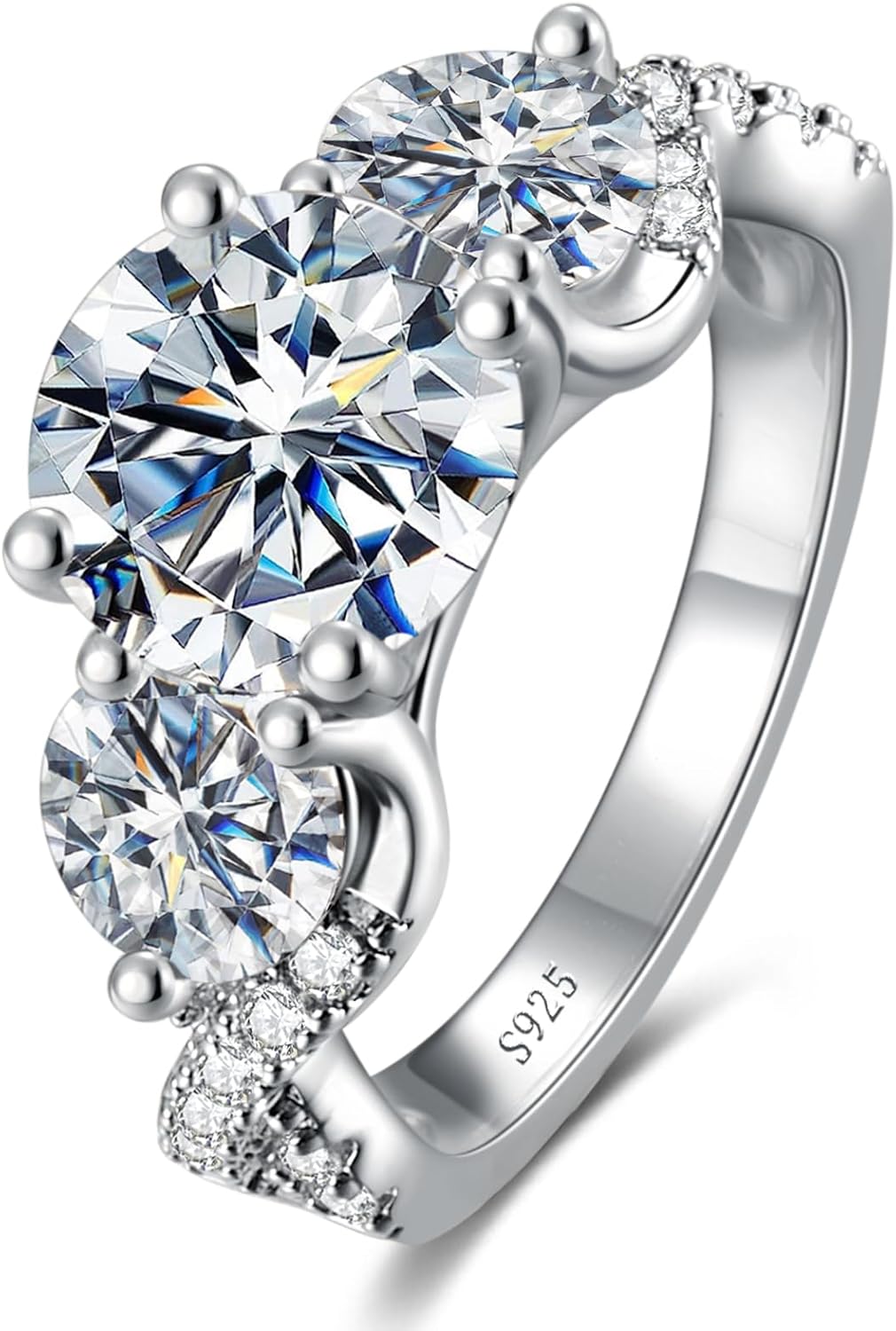 LOIPURI 4.6CT 3 Stone Moissanite Engagement Ring, 925 Sterling Silver Wedding Band for Women, D Color VVS1 Round Cut Moissanite Ring Anniversary Promise Gift