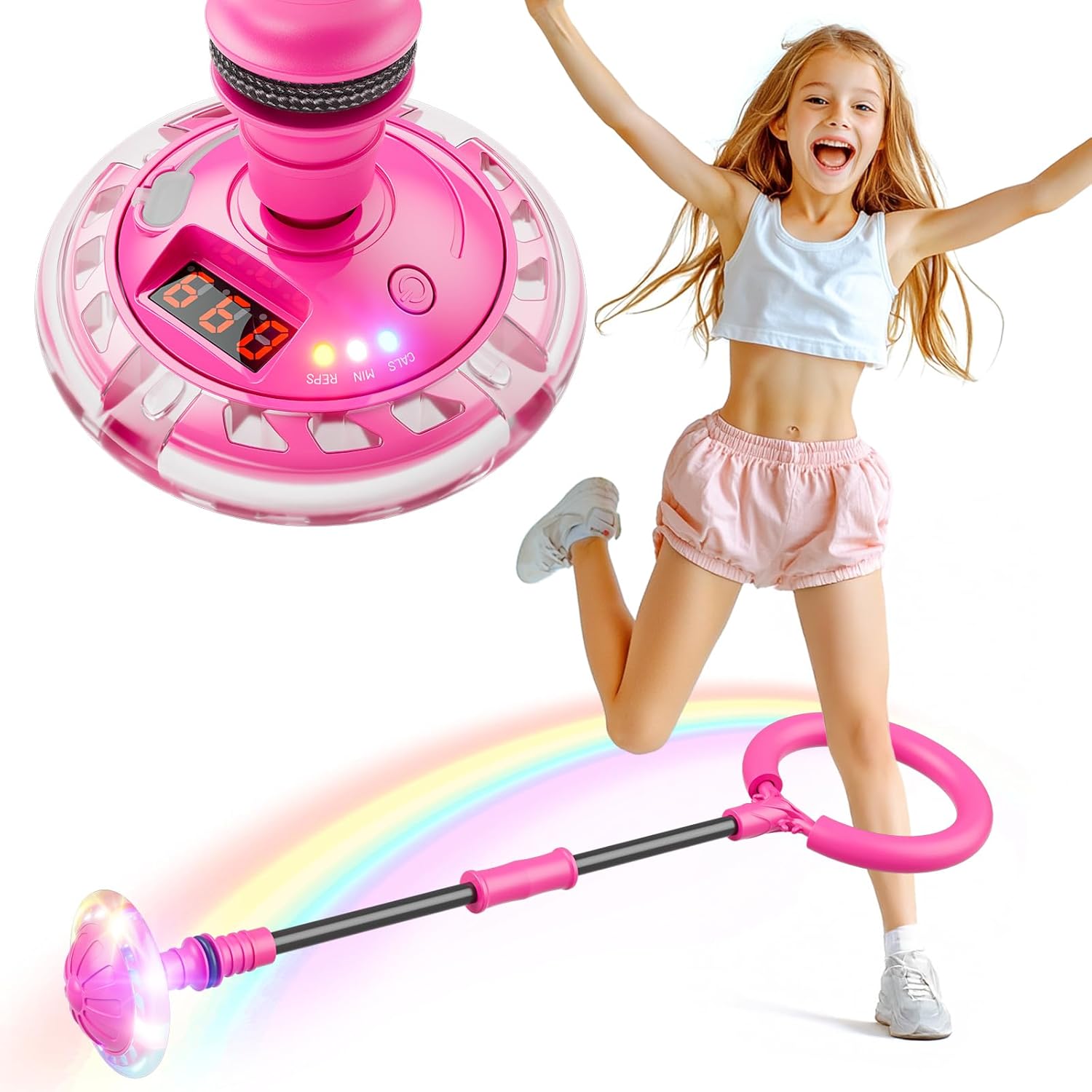 Flooyes Skip Ball for Kids, Ankle Skip Ball Toy with Counter, Timer and Cal Calculator, Girl Birthday Gifts for Age 6 7 8 9 10+, Rechargeable Colorful Flash Wheel Skip Ball for Girls
