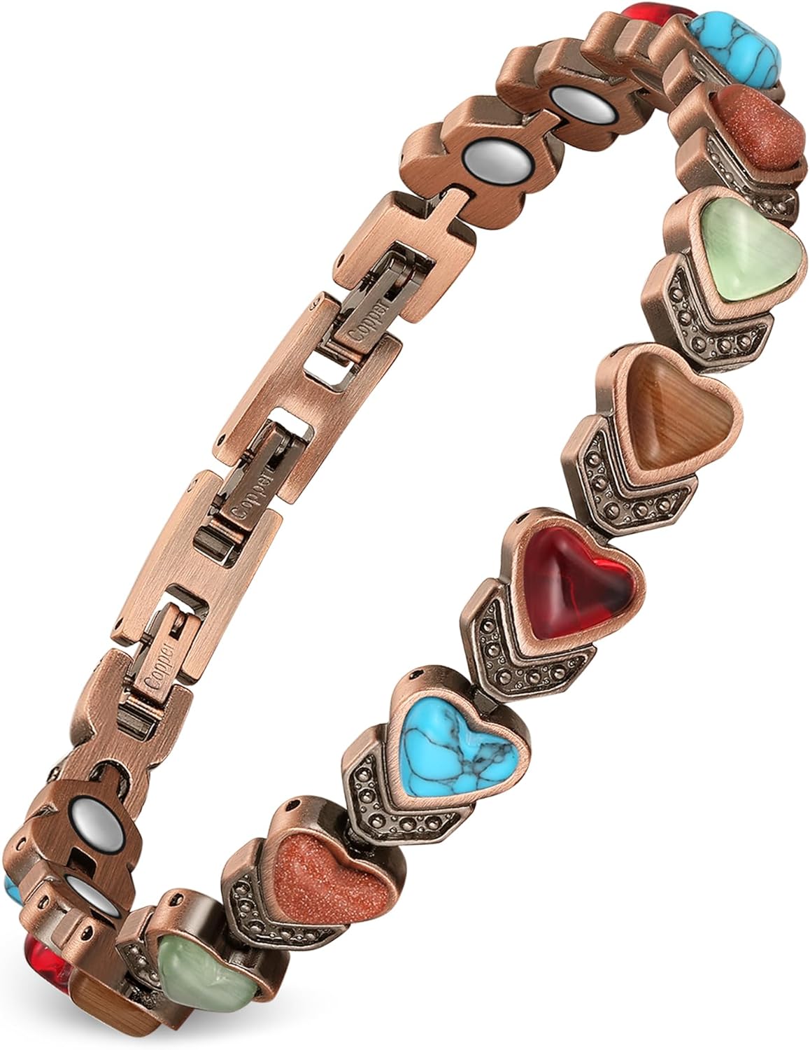 Feraco Pure Copper Bracelets for Women, Ultra Strength Magnetic Bracelet with 3800 Gauss Magnets &amp; Natural Turquoise &amp; Stones, Adjustable, Jewelry Gift