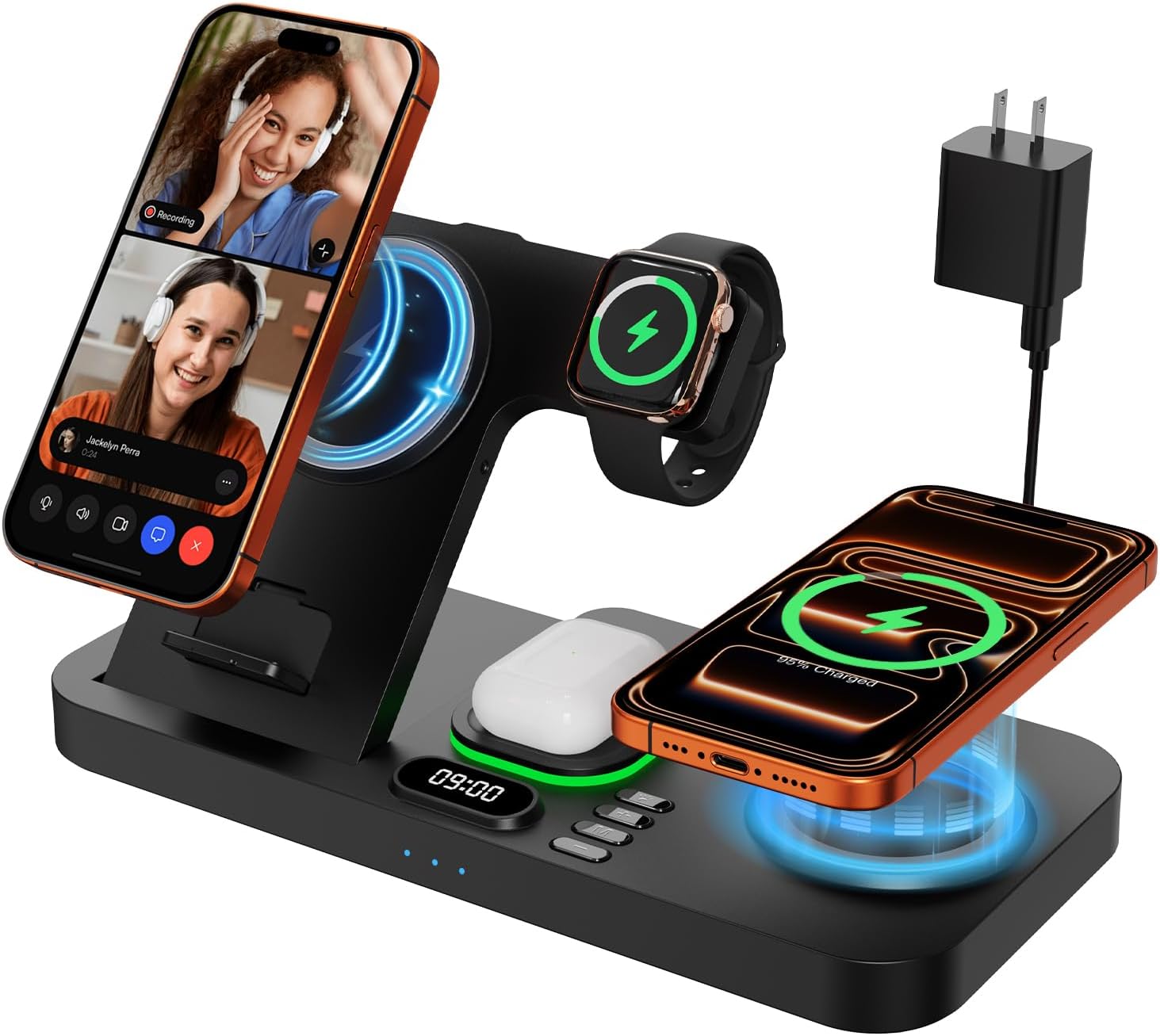 Dual Phone Magnetic Wireless Charging Station for Apple Devices\/Apple Ecosystem, 7-Color Auto Light &amp; 12H Clock, Multi-Device Charger for iPhone 17\/16\/15, for iWatch 11\/10\/9 &amp; AirPods Pro