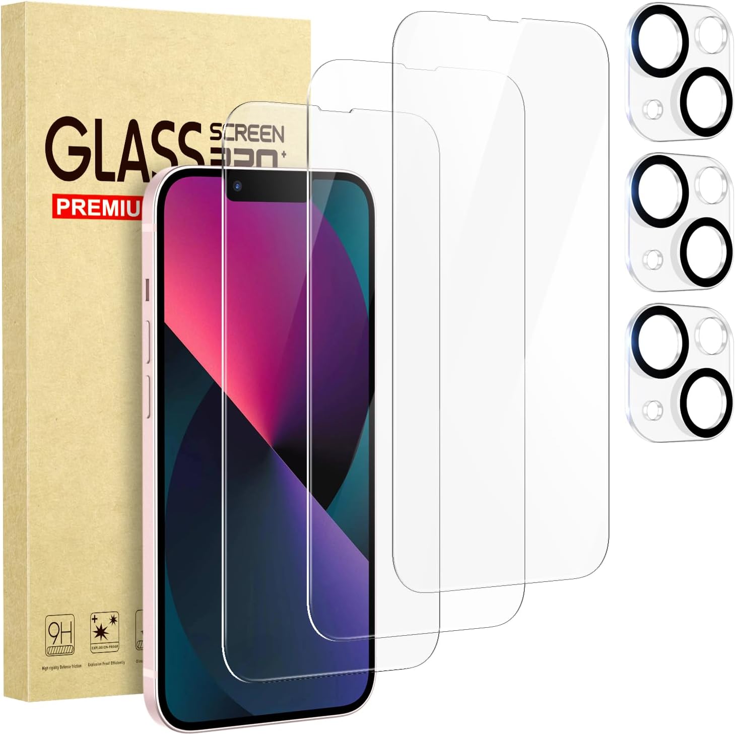 Cutebe 3 Packs Screen Protector for iPhone 13+ 3 Packs Camera Lens Protector with Tempered Glass,Touch Sensitive and Case Friendly (iP-13)