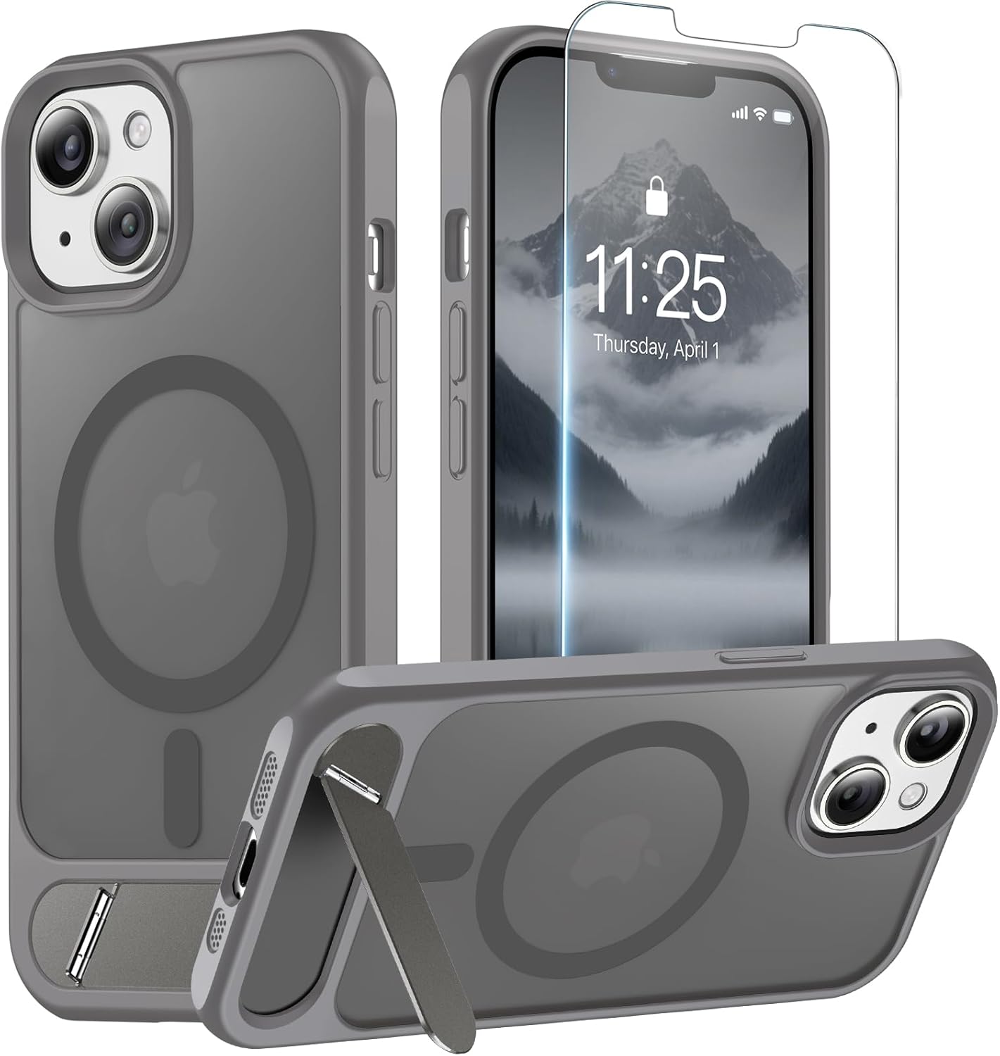 Ratcase Magnetic for iPhone 14 Case &amp; iPhone 13 Case (Built-in Invisible Kickstand)(Screen Protector)(Compatible with MagSafe)(Military Grade Shockproof) Translucent Matte Slim Phone Cover,Gray