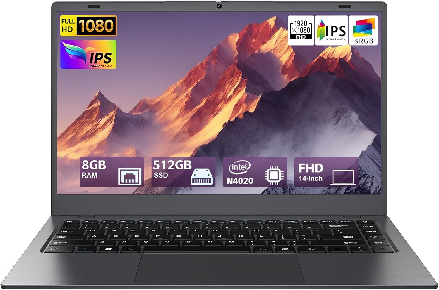 SHBIV 14" FHD Laptop Computer, 8GB RAM 512GB SSD, Celeron N4020 (Up to 2.8GHz), Office Suite, WiFi, BT5, HDMI, RJ45, Long Battery Life, Thin &amp; Portable Laptops for Business, School, Home