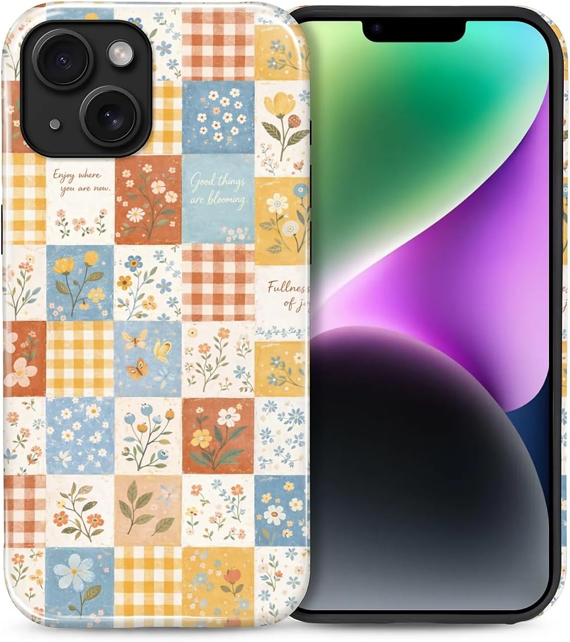 COTAIL Case Designed for iPhone 13 14, Hybrid 2-Layer Case, Military-Grade Protection Durable Shockproof Anti-Scratch Phone Case, Plaid Floral Patchwork