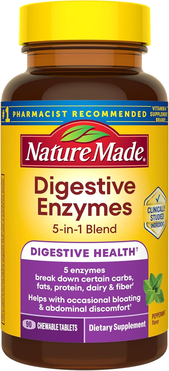 Nature Made Digestive Enzymes 5-in-1 Blend, Digestive Health Support, 90 Chewable Tablets, 30 Day Supply