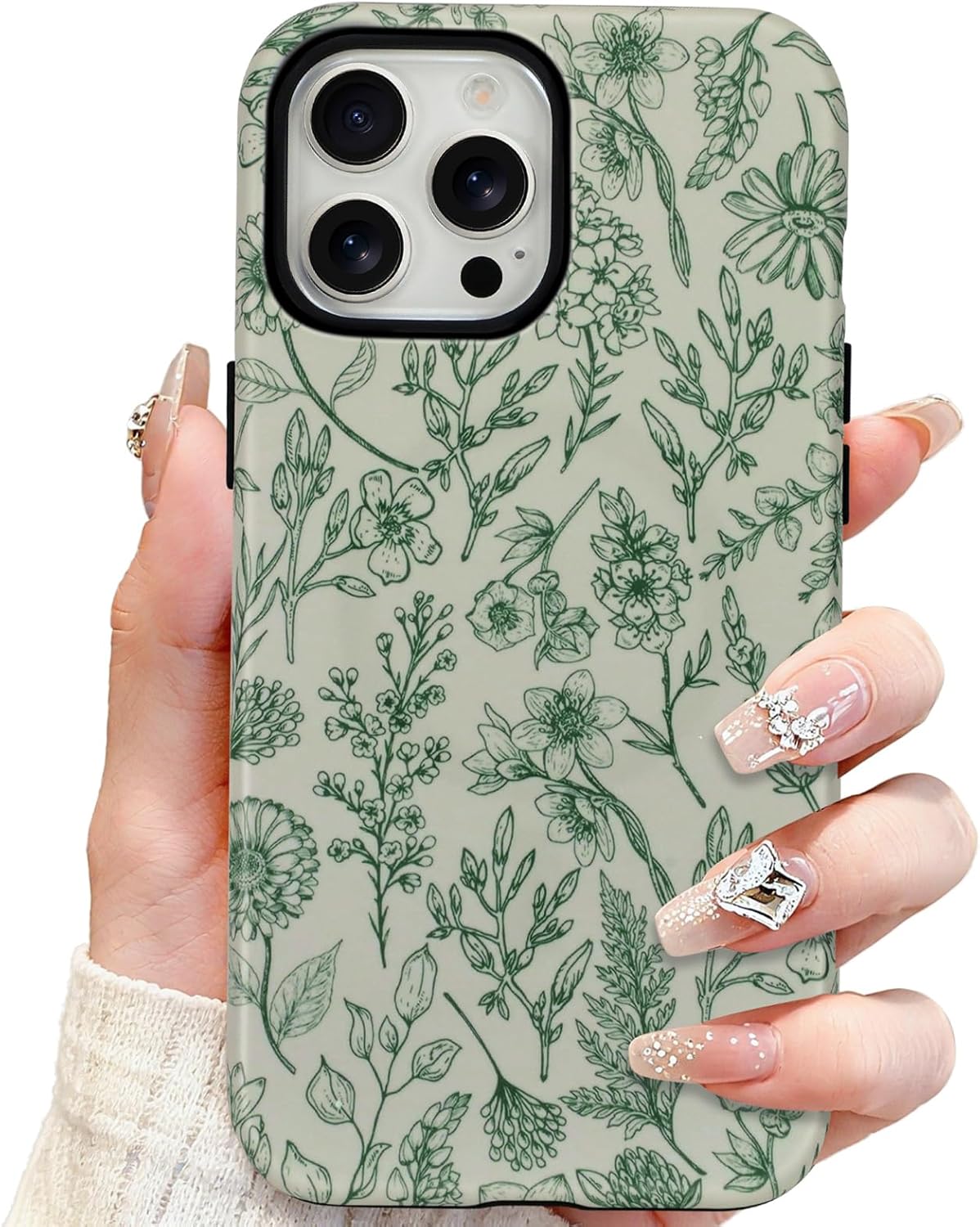 SOKAD Magnetic Sage Floral Phone Case for iPhone 15 Pro, Vintage Green Flower Pattern Compatible with Magsafe Matte Protective Case Cover with Screen Protector for Girls Women