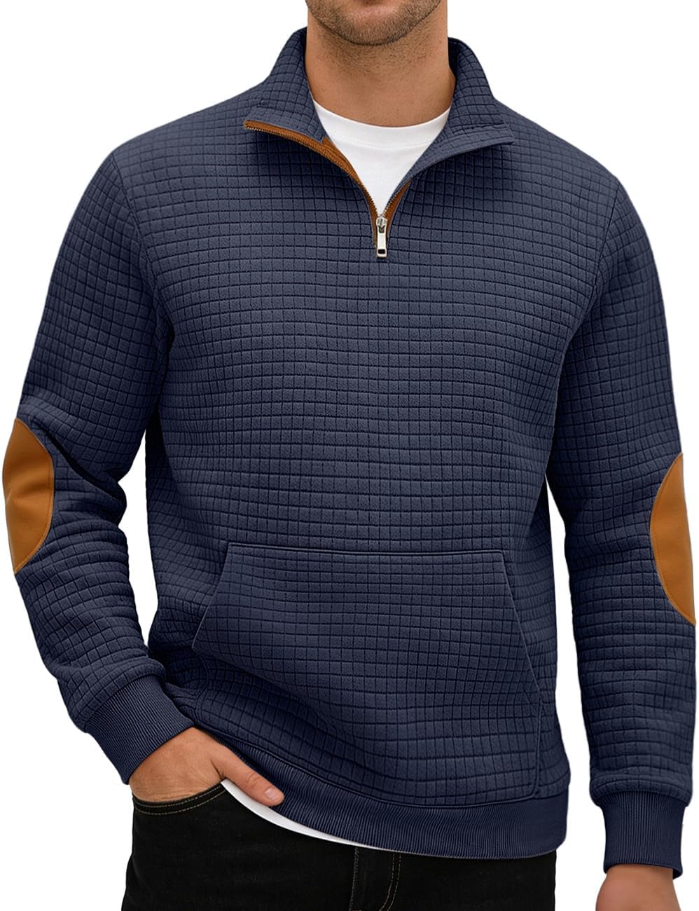 QOSOQ Mens Sweatshirt Casual Stand Collar Quarter Zip Pullover Fall Waffle Sweaters Long Sleeve with Pockets
