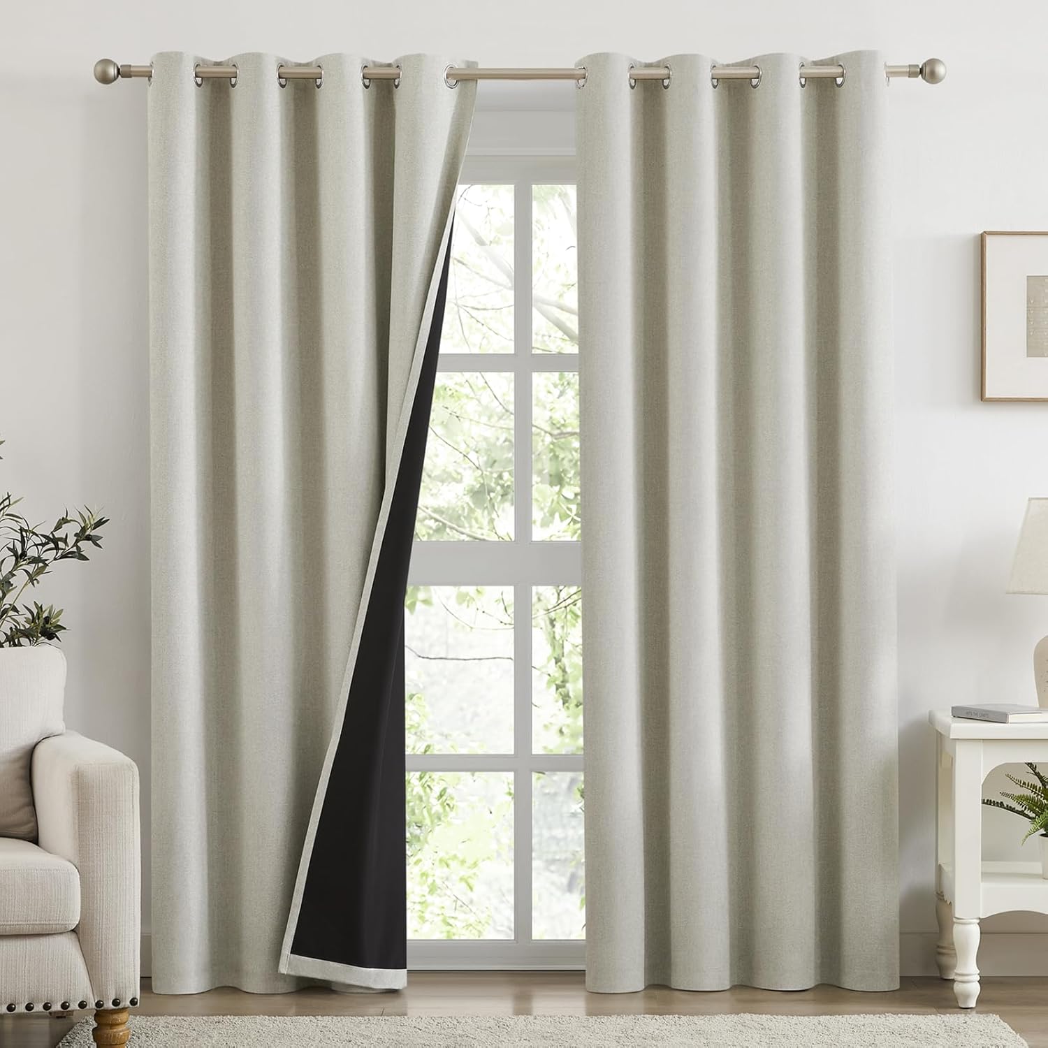 Melodieux 100% Linen Blackout Curtains 84 Inches Long, Beige Linen Textured Black Out Curtains for Living Room, Grommet Top Thermal Insulated Window Drapes for Bedroom, 52" W x 84" L, 2 Panels