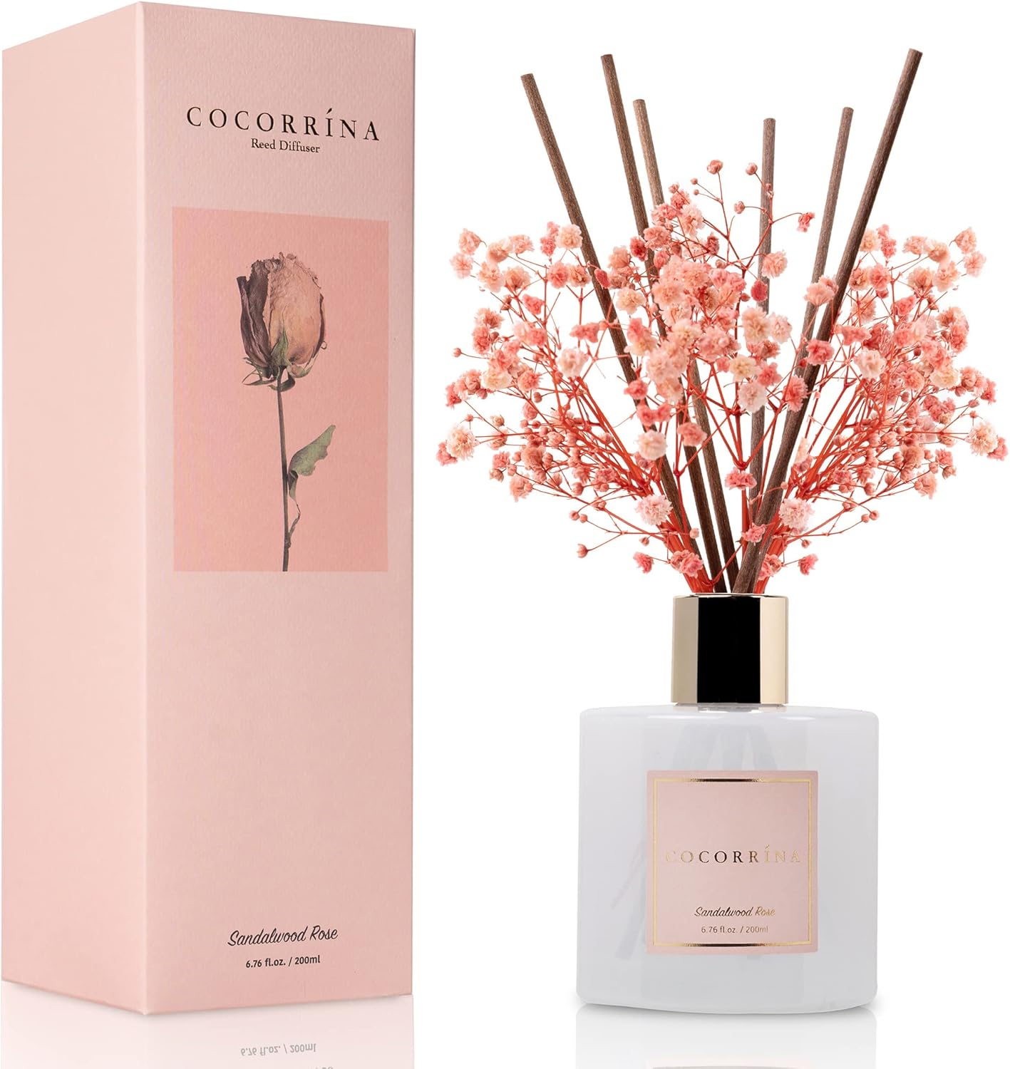Cocorrína Premium Reed Diffuser Set with Preserved Baby's Breath &amp; Cotton Stick Sandalwood Rose | 6.7oz Scent Fragrance Oil Diffuser for Bedroom Bathroom Home Décor