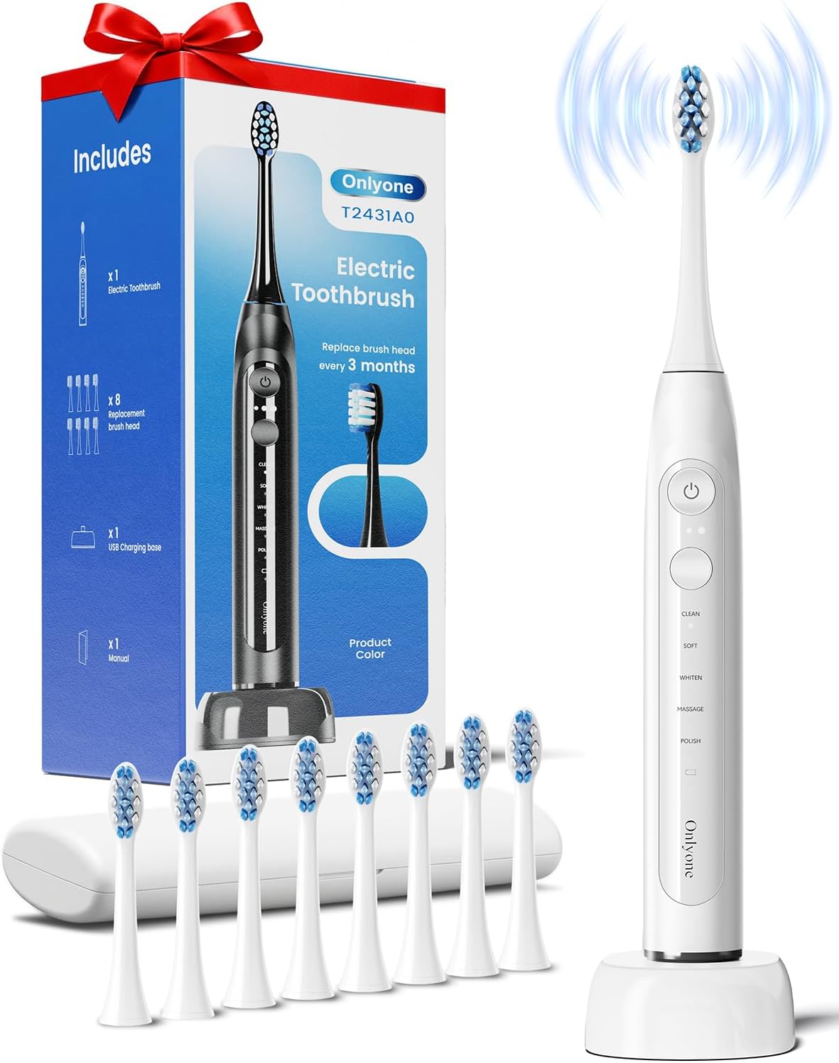 Onlyone Ultrasonic Electric Toothbrush for Adults, Rechargeable Electric Toothbrush with 8 Brush Heads, Travel Case, Charging Base &amp; Wireless Charging - 5 Modes with Smart Timer