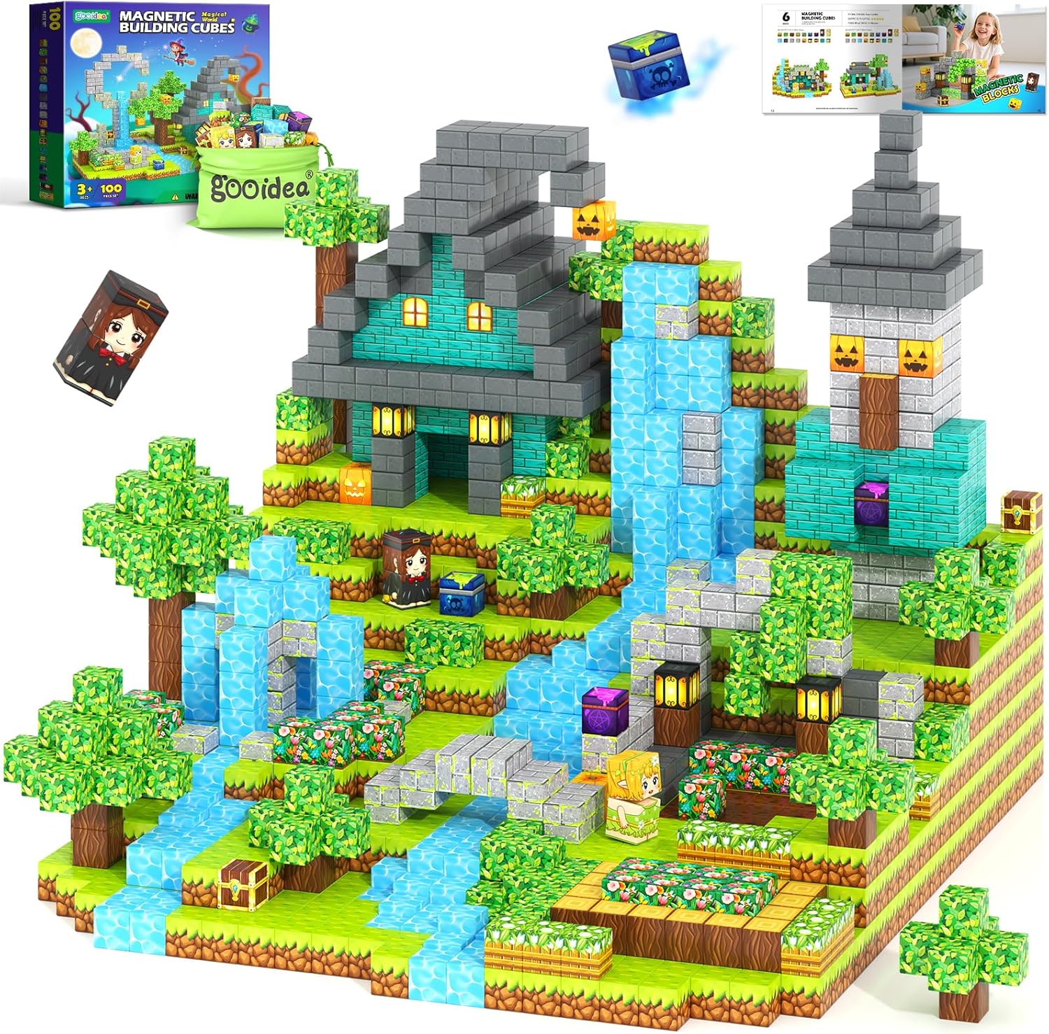 Gooidea Magnetic Blocks - 100 Building Blocks Mine Magnets Building Craft Autistic Kids Friendly Sensory Toys STEM Creative Toy Game for Kids Age 3-5 4-6 5-7 8-12 - Magical Enchanted Playset