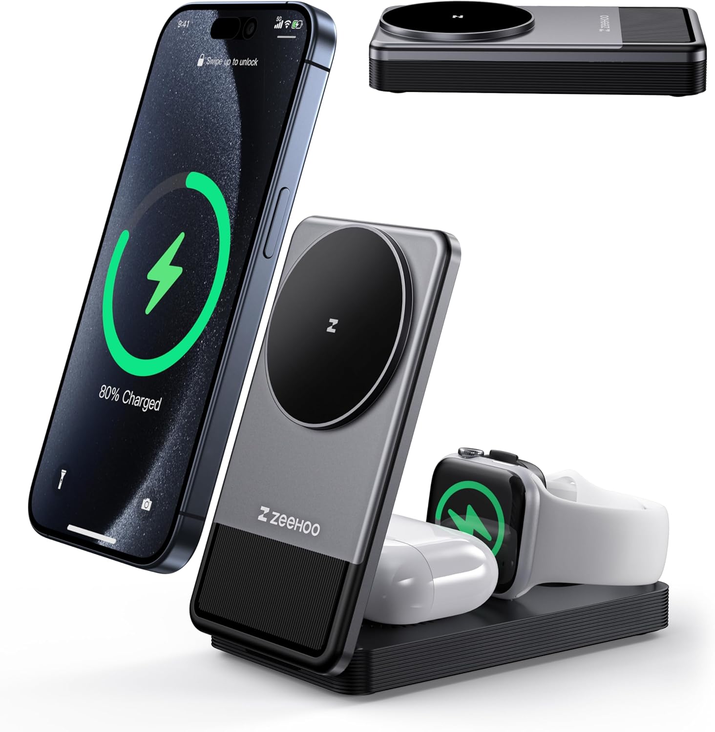 ZEEHOO 3 in 1 Charging Station for Magsafe Charger, Portable Fast Wireless Charger Stand, Foldable Apple Watch Charger for iPhone 16\/15\/14\/13\/12, AirPods, Apple Watch (Charger not Included)