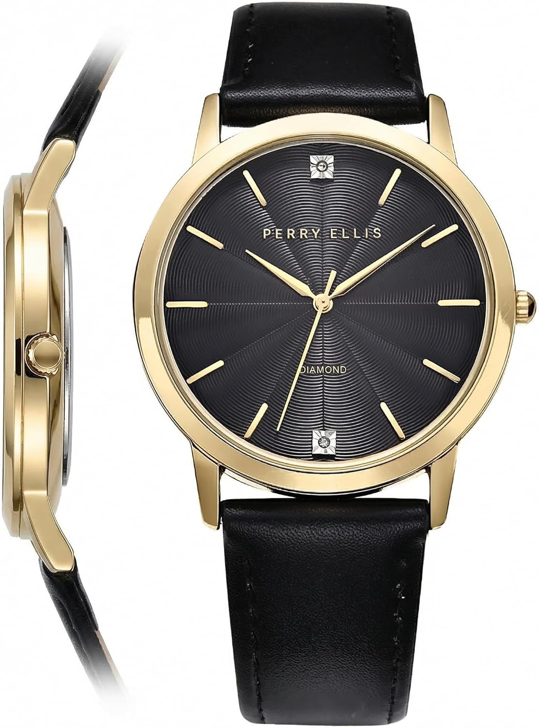 Perry Ellis Ultra Slim Diamond Men\u2019s Watch \u2013 Round Blue Dial, Silver Leather Strap, Water-Resistant Analog