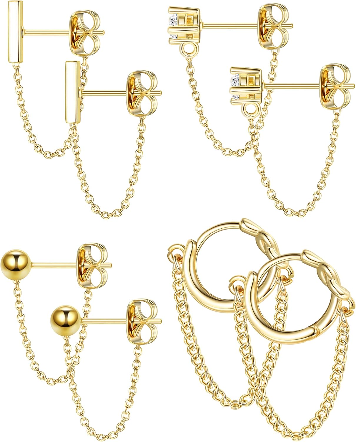 YADOCA 4 Pairs Chain Earrings for Women 14K Gold Earring Stacks Hypoallergenic Cute Chain Stud Earring Set Trendy Dainty CZ Ball Bar Huggie Hoop Stackable Piercing Earrings