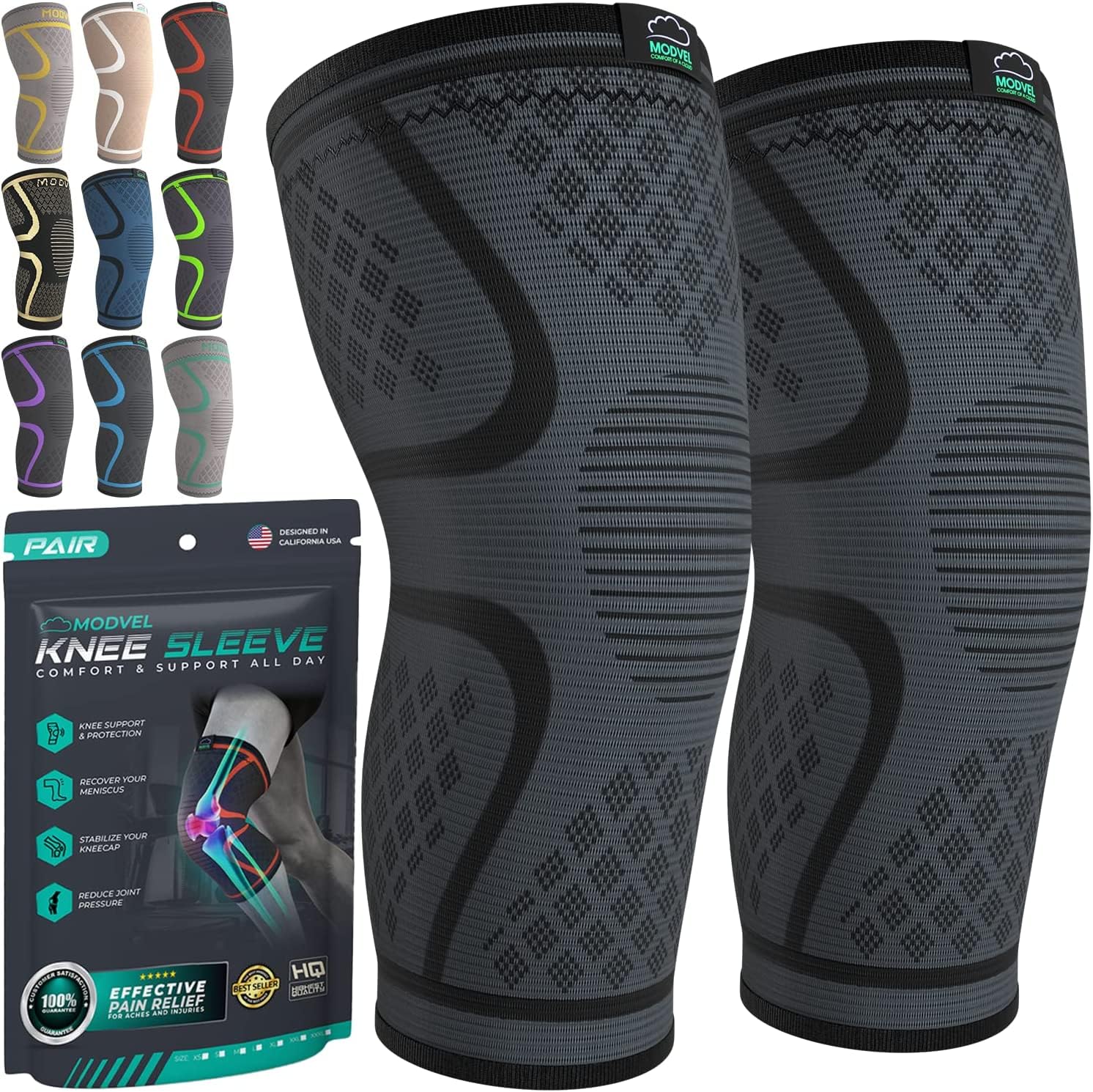 Modvel Compression Knee Brace for Women &amp; Men, 2-Pack Knee Brace for Running Knee Pain, Knee Support Compression Sleeve, Workout Sports Knee Braces for Meniscus Tear, ACL &amp; Arthritis Pain Reli
