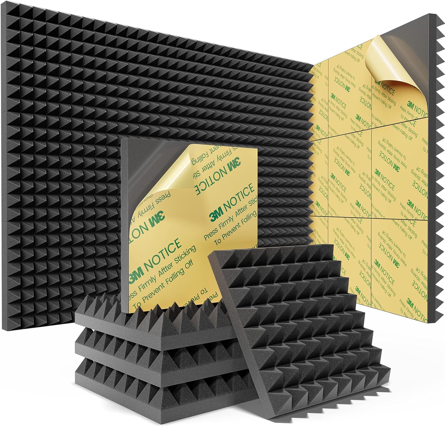 Sonicism 12 Pack Pyramid Sound Proof Foam Panels with Self-Adhesive, 12" X 12" X 2" Acoustic Foam Panels of High Density, Soundproof Wall Panels Fast Expand, Sound Absorption and Decoratio