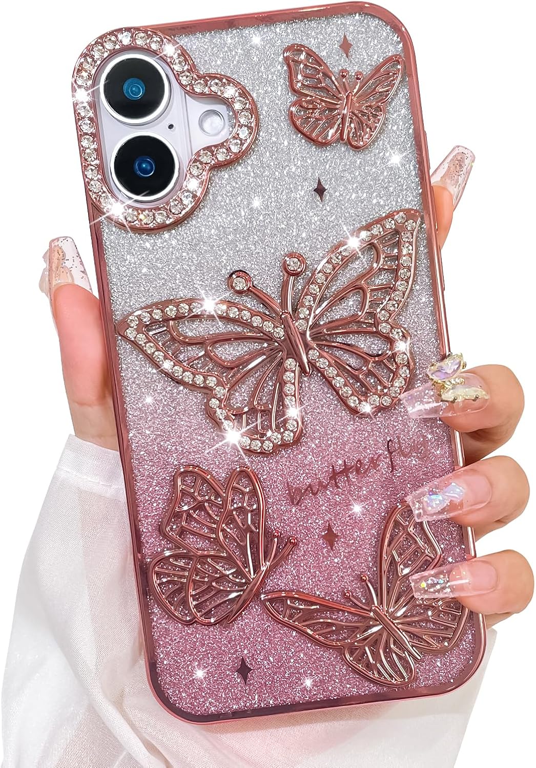 Bonoma Glitter Case for iPhone 16, Cute 3D Butterfly Pattern Plating Bling Case,Camera Protection Sparkly Slim Soft Back Cover for Women Girls,Pink