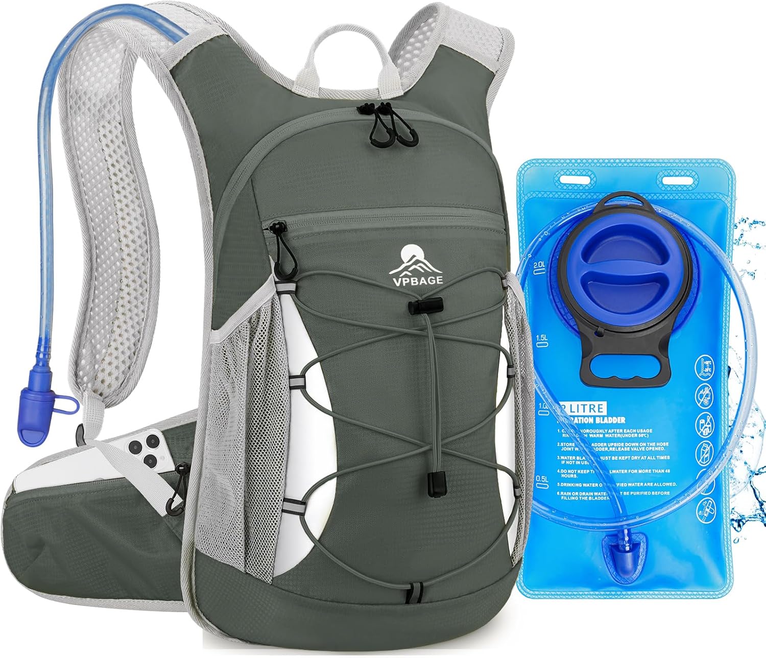 Hydration Backpack with 2L Water Bladder - Lightweight 15L Daypack with Phone-Sized Hip Belt Pockets, Anti-Chafe Cotton Edging &amp; No-Bounce Straps - Small Water Backpack for Hiking, Running, Skiing