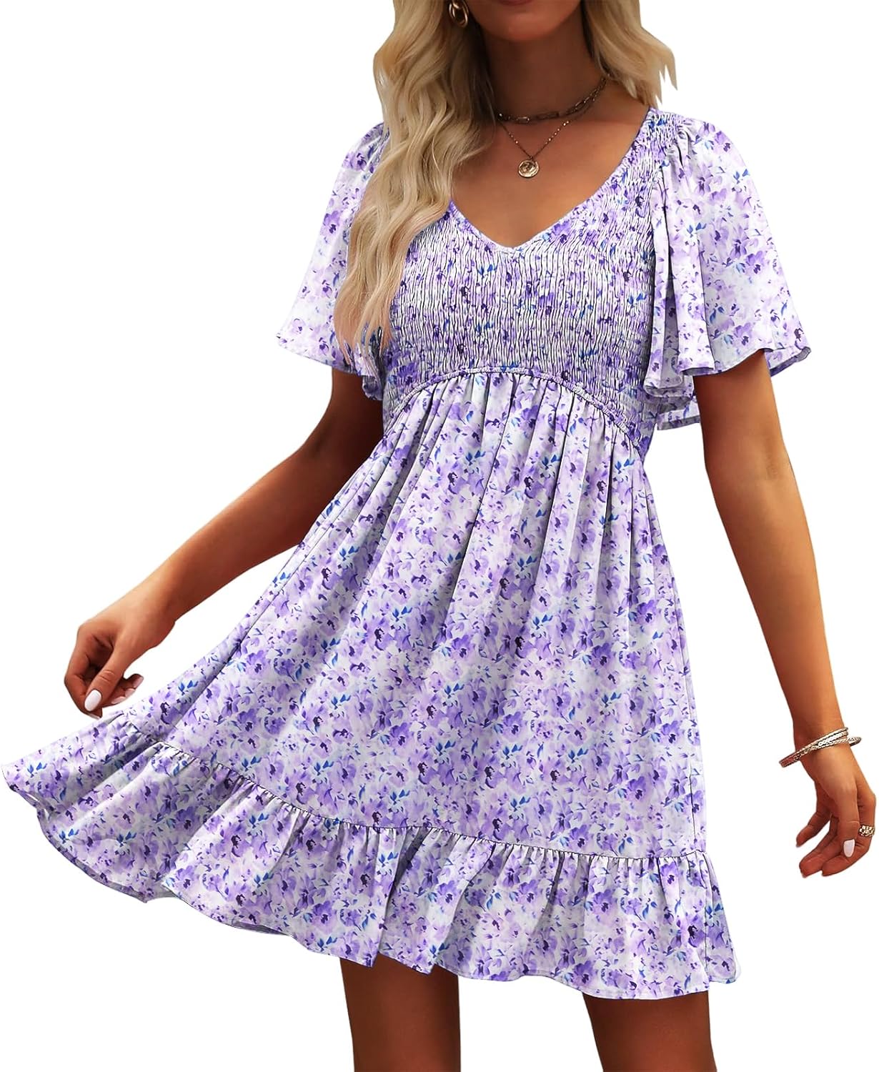 UEAL Womens Cute Floral Smocked V Neck Flutter Sleeve Sundress with Pockets Casual Spring Summer Dresses for Women 2026