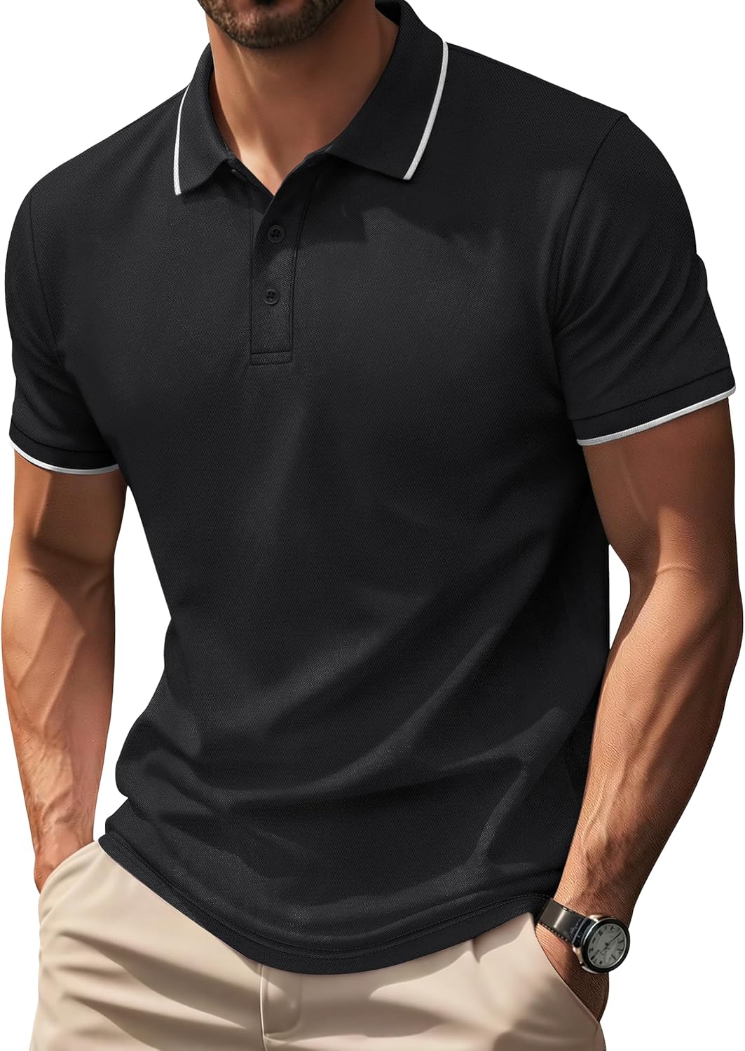Cotrasen Mens Polo Shirts Short Sleeve Dual Tipped Collar T-Shirt Cotton Pique 3 Buttons Classic Fit Casual Golf Shirts